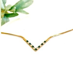 Vintage Avon Gold Tone and Emerald Crystal V Necklace Herringbone Chain
